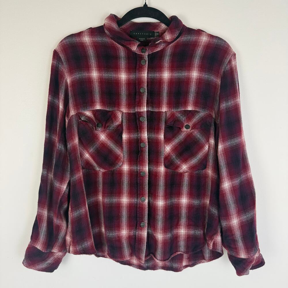 Sanctuary Womens Boyfriend Fit Snap Button-Up Rayon Plaid Red/Black Shirt Medium
